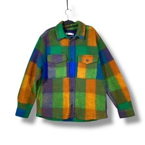 Zara Men Plaid Wool Blend Overshirt Jacket Green Orange Blue Outdoor Fall Size L